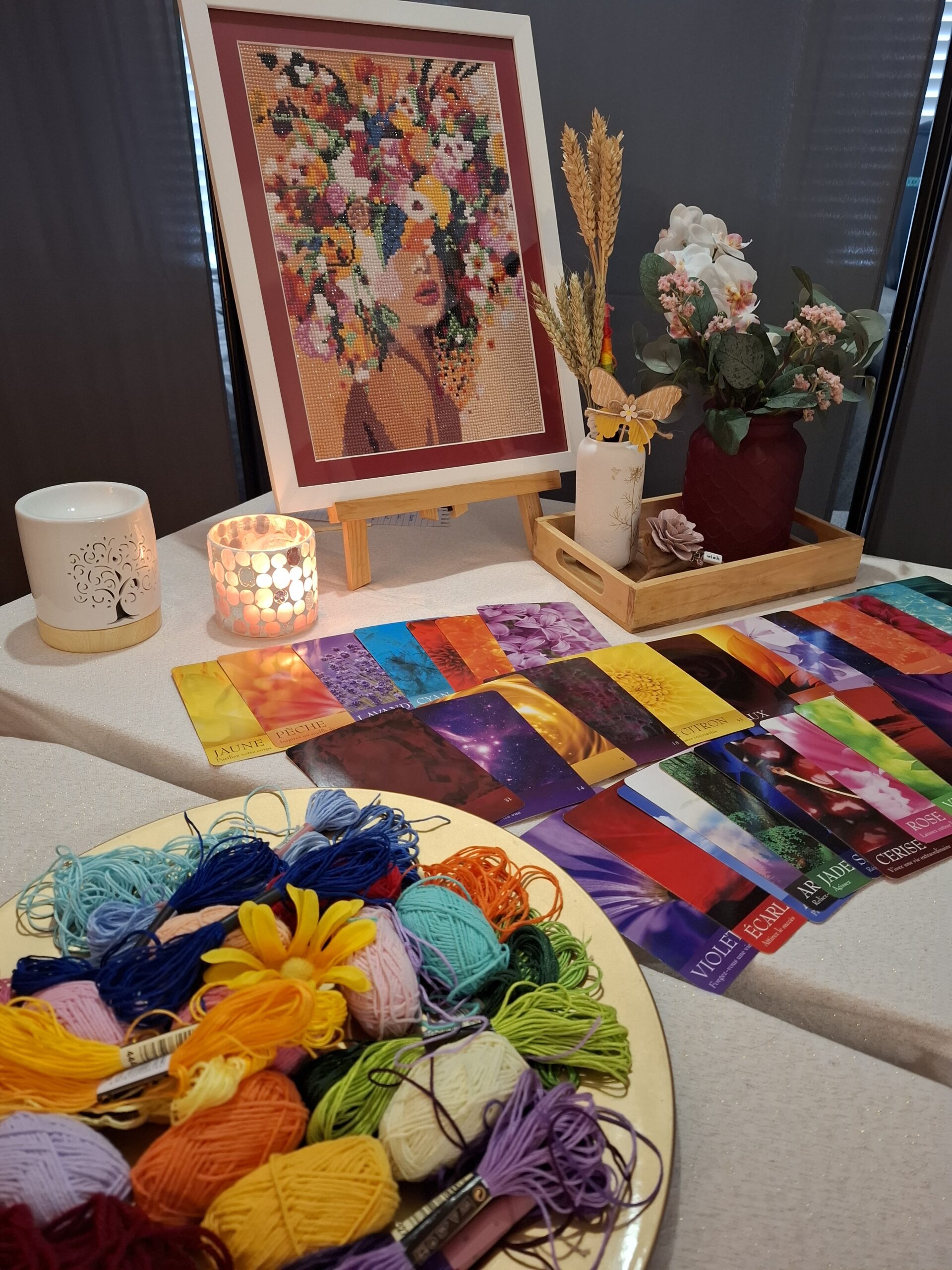 Workshop tray Coloured parenthesis with illustrated map, candle and multicolored threads to explore the symbolism of colors.
