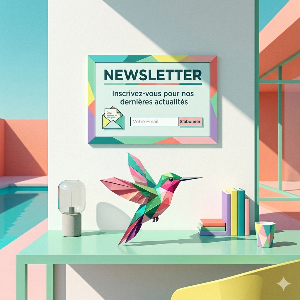 Creative newsletter illustration: colourful hummingbird holding a scroll marked "Newsletter" over a large pink flower, to subscribe to the inspiration book of the workshops and seasonal flowers.